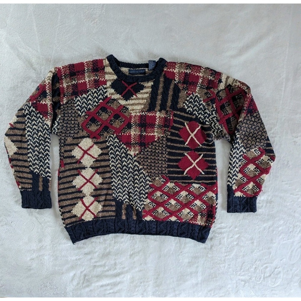 VTG‎ Northern Isles Mixed Print Sweater Men's Sz L Plaid Grandpa Cabincore Cosby